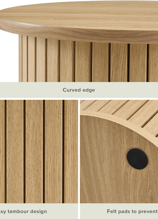 Quin Round Fluted Accent Table in Light Oak - Mid-Century Modern Pedestal Side Table for Living Room and Bedroom