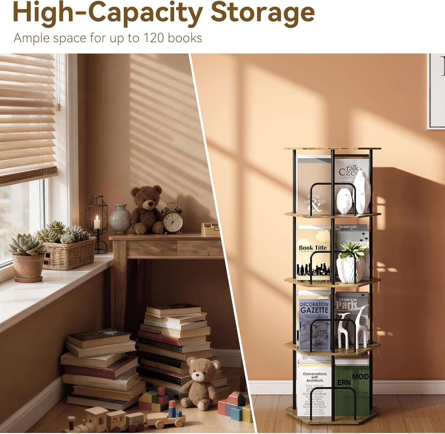 4 Tier Rotating Bookshelf Tower, Revolving 360 ° Spinning Bookcase, Hexagonal Corner Book Shelf Storage Carousel, Vertical Rotate Turning Organizer Book Shelves for Living Room Office Bedroom