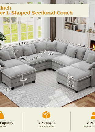 113.8" Modular Sectional Sofa - Modern Deep Seat Cloud Couch for Living Room, 5-Seater Chenille Fabric L-Shaped Sofa with Throw Pillows and Movable Ottoman for Apartments