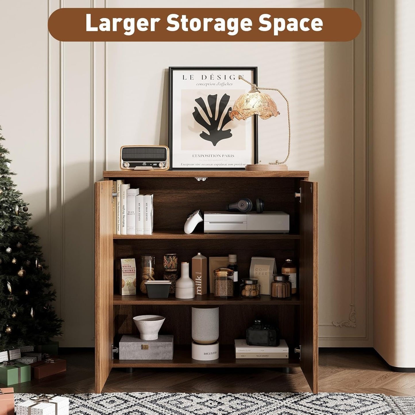 Fluted Sideboard Cabinet, Buffet Cabinet with Storage, Credenza Storage Cabinets with Adjustable Shelf, Wood Entryway Cabinets with Pop-Up Doors for Living Room, Entryway, Hallway, Walnut