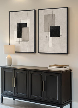 Large Framed Neutral Abstract Wall Art Set - Two Modern Canvas Prints in Black and Beige for Living Room, Minimalist Block Line Decor for Hallway and Office, 24x36 Inches