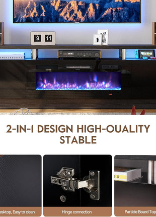 70-Inch Contemporary TV Stand and Entertainment Center for Living Room, Supports TVs up to 80 Inches, Features Storage Cabinet with Shelves, Includes 36-Inch Electric Fireplace with LED Flame (All Black)
