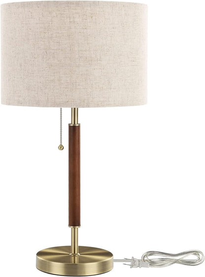Mid Century Table Lamp, Bedside Lamp with Pull Chain Switch, Solid Wood & Metal Pole, Modern Nightstand Table Lamp for Living Room, Bedroom, Office, Frosted Bronze & Wood Finish