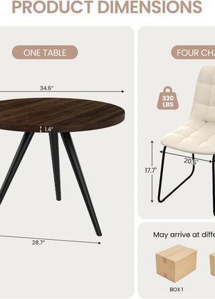 34.6" Round Dining Table Set for Four with Contemporary Faux Leather Chairs, Space-Efficient MDF Design in Walnut and Beige U-Shaped Seating