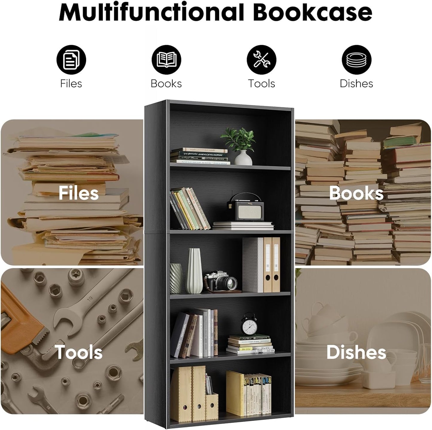 Industrial 5 Shelf Bookcase - Large 53 Inch Tall Floor Standing Open Bookshelf for Home Office, Living Room, and Bedroom Storage, Classic Black