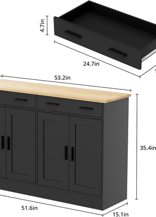 53-Inch Modern Black Buffet Cabinet with Storage - Stylish Kitchen Sideboard Featuring 2 Drawers and 4 Doors, Perfect for Dining Room, Living Room, and Hallway