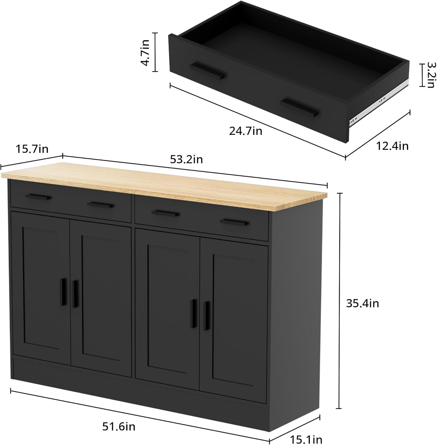 53" Black Buffet Cabinet with Storage, Kitchen Sideboard Buffet Server with 2 Drawers & 4 Doors, Modern Coffee Bar Cabinet Credenza for Dining Room, Living Room, Hallway