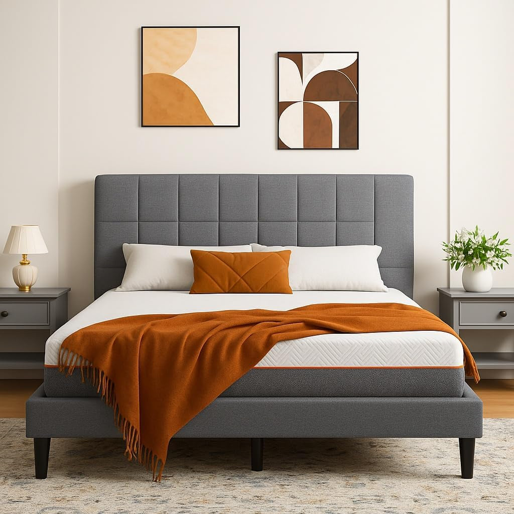 Twin Size Bed Frame and Mattress Set with Adjustable Upholstered Headboard and 10-Inch Gel Memory Foam, Sturdy and Durable with 12 Support Legs, Breathable Cooling, Easy Assembly, Dark Gray