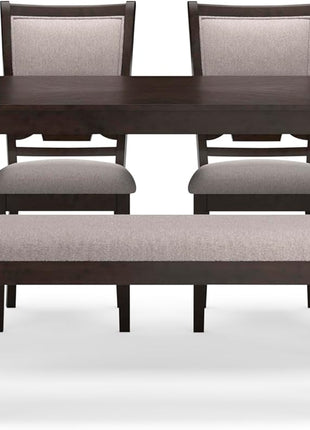 Langwest Dining Room Table Set by Signature Design by Ashley, Featuring 4 Upholstered Chairs and a Bench, Accommodates 6, Cushioned Seating, Cherry Brown Wood Finish