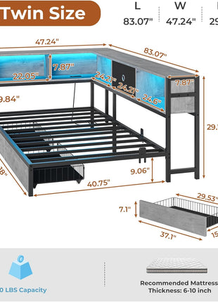 Twin Size Metal Platform Bed Frame with Bookcase Storage Headboard, LED Lights, Storage Drawers, and Charging Station in Oak Gray for Kids and Teens
