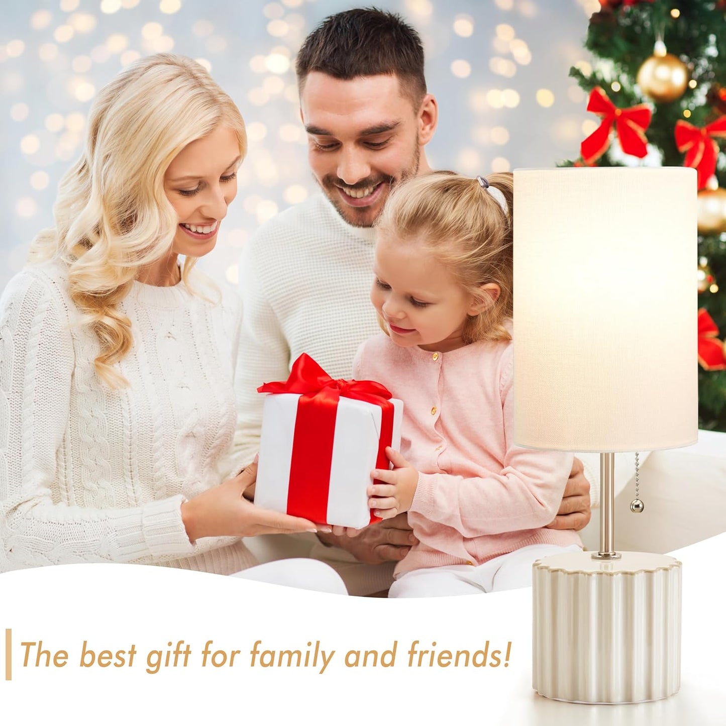 Ceramic Small Table Lamp Set of 2, Adjustable Color Temperature Bedside Nightstand Lamps with Pull Chain for Bedroom Living Room Reading, 2 Bulbs