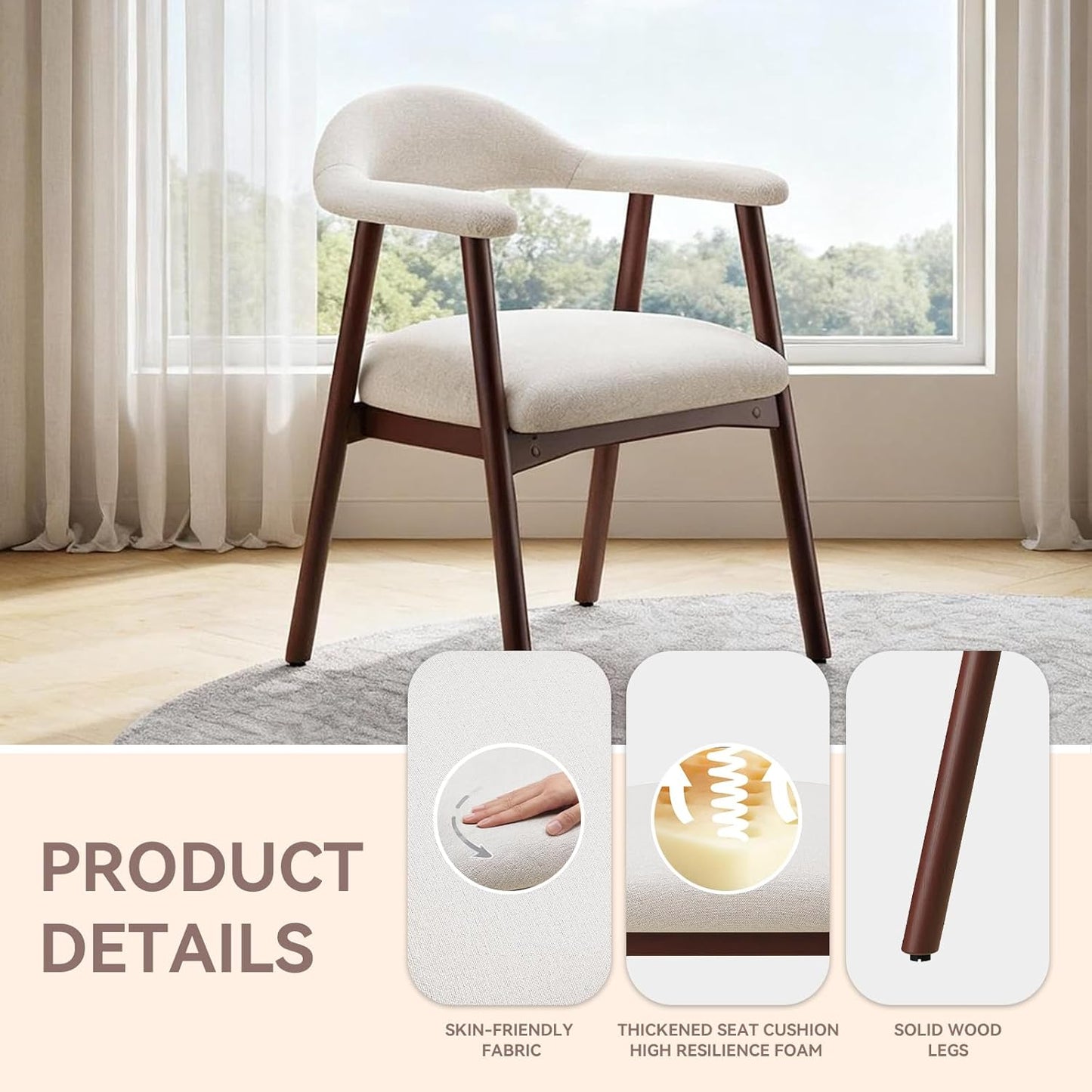 Wooden Dining Chair with Armrest Set of 4, Modern Fabric Upholstered Dining Room Chair with Curved Back and Wood Legs,Comfortable Accent Chairs for Kitchen Dining Room,Beige