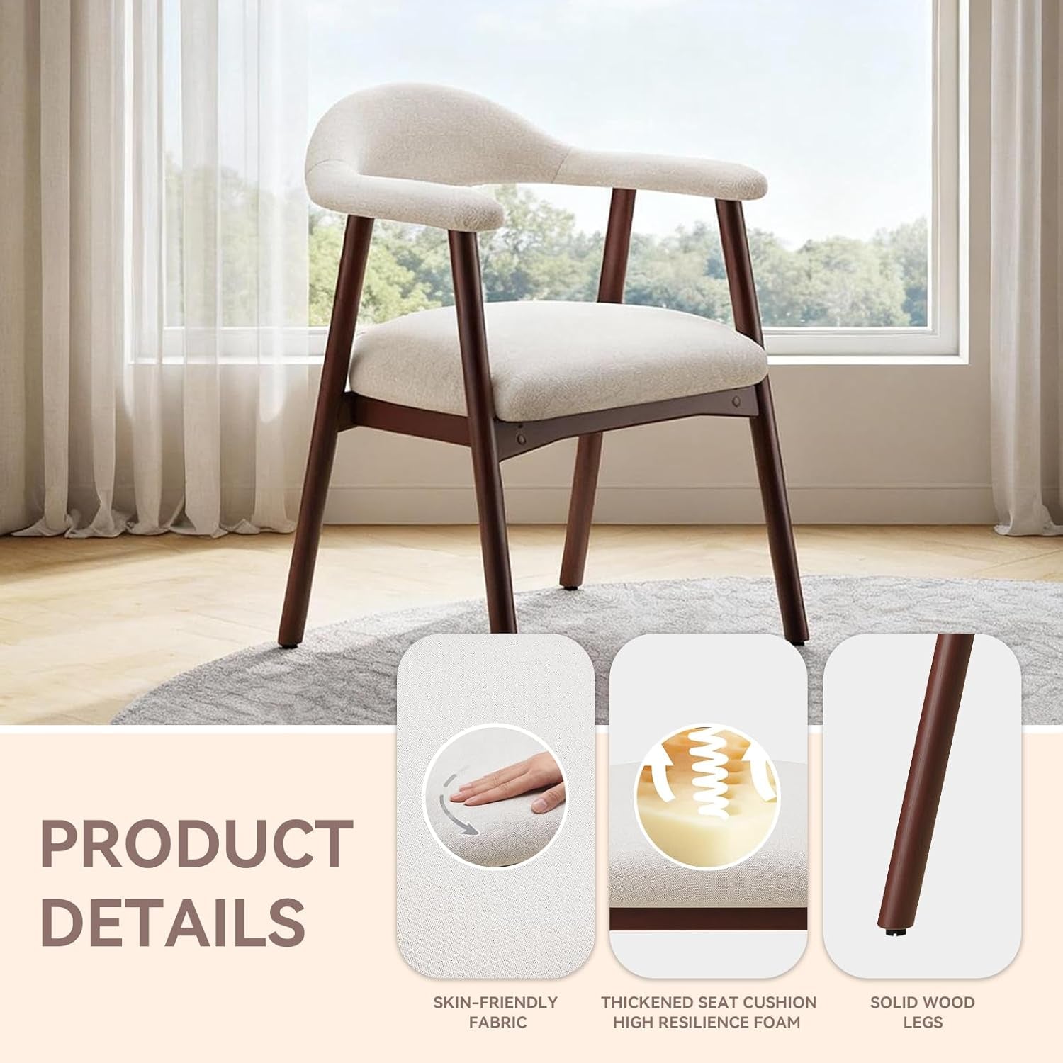 Wooden Dining Chair with Armrest Set of 4, Modern Fabric Upholstered Dining Room Chair with Curved Back and Wood Legs,Comfortable Accent Chairs for Kitchen Dining Room,Beige