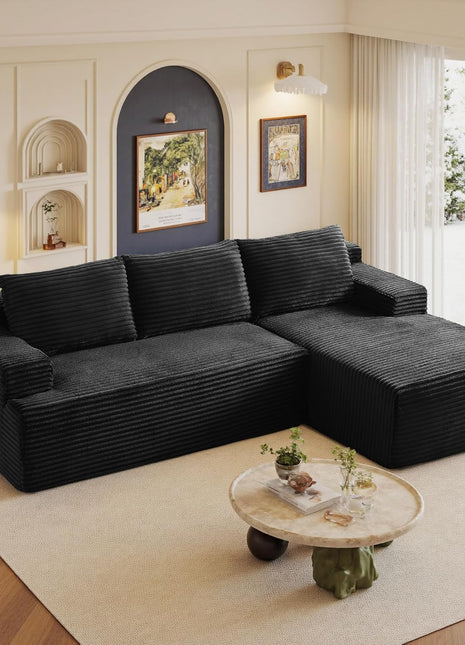 96-Inch Modern L-Shape Sectional Sofa with Chaise - Upholstered Boneless Couch for Living Room (Black, Right-Facing Chaise, 2 Seaters)