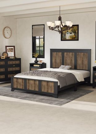 4-Piece Farmhouse Bedroom Furniture Set: Queen Size Platform Bed with Wooden Strip Accents, Two Storage Nightstands, and Dresser with Metal Handles in Black