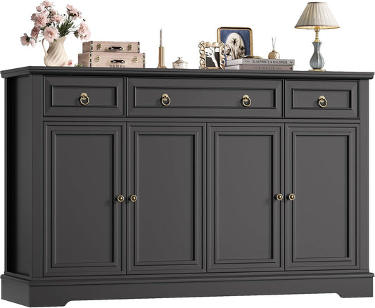 Buffet Cabinet with Storage, 52.7" Large Sideboard Buffet Table, Black Kitchen Cabinet with 3 Drawers and 4 Doors, Wood Coffee Bar for Kitchen Dining Room, Black