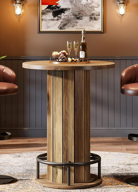 39.4-Inch Wood Bistro Pub Table with Metal Ring Footrest for Dining and Living Areas, Brown Finish