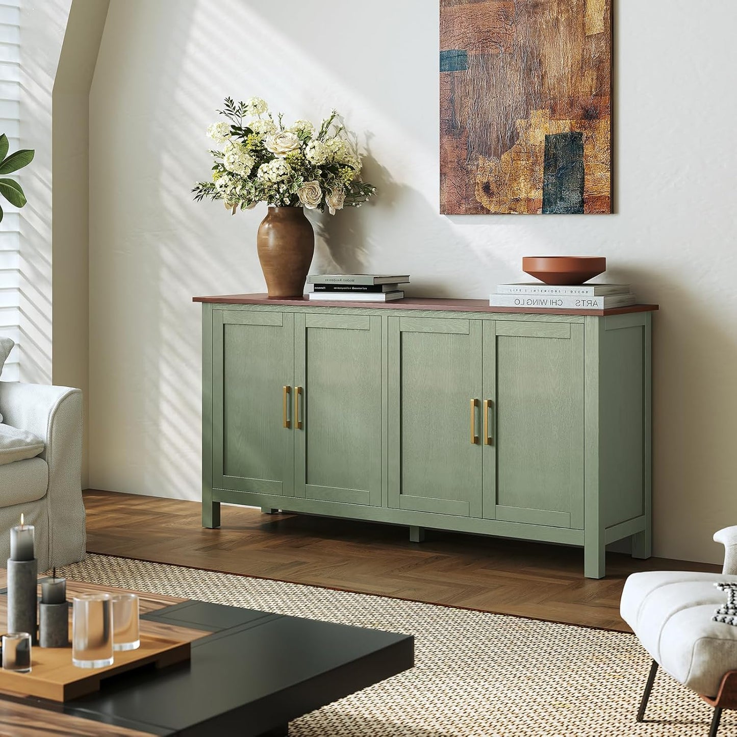 Large Sideboard Buffet Cabinet with Storage, 60" Accent Cabinet Modern Buffet Table with Adjustable Shelf, Credenza Green Storage Cabinet for Dining Room, Living Room, Kitchen, Entryway