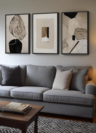 Large Framed Neutral Abstract Wall Art Set - 3-Piece Modern Canvas Prints for Living Room, Hallway, Staircase, and Office Decor - Black and Beige Artwork, 24x36 Inches
