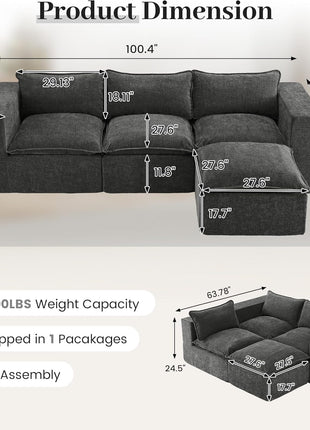 Stylish 101" Modular Cloud Sofa with Ottoman - L-Shaped Boneless Sectional Couch for Living Room, No Assembly Required, Dark Grey