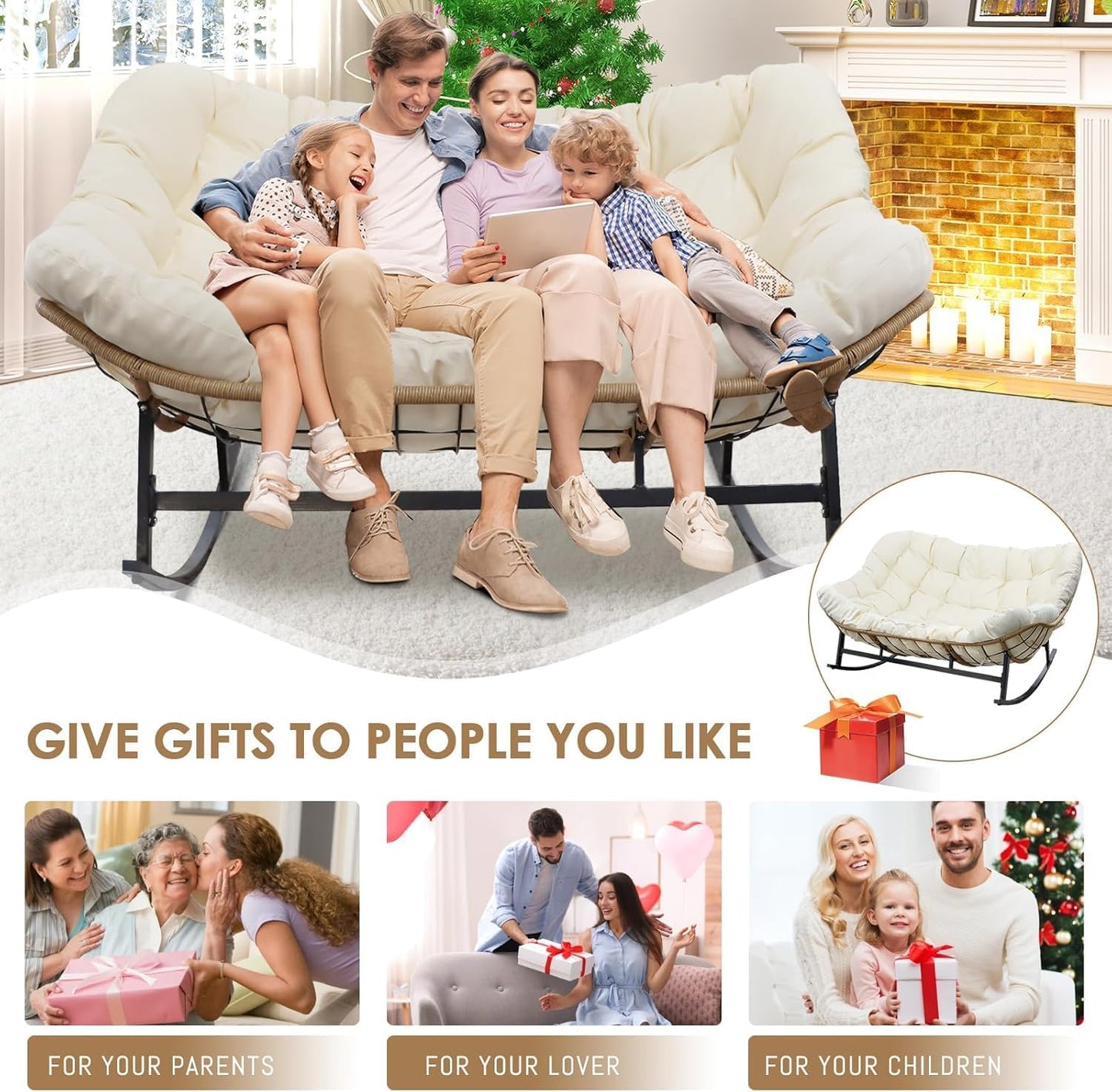 Double Egg Rocking Chair for 2, Oversized Rattan Recliner Loveseat with Padded Cushion, 700 Lbs Heavy Duty Comfy Large Papasan Rocker for Reading Outdoor Patio Balcony Backyard Indoor, Beige