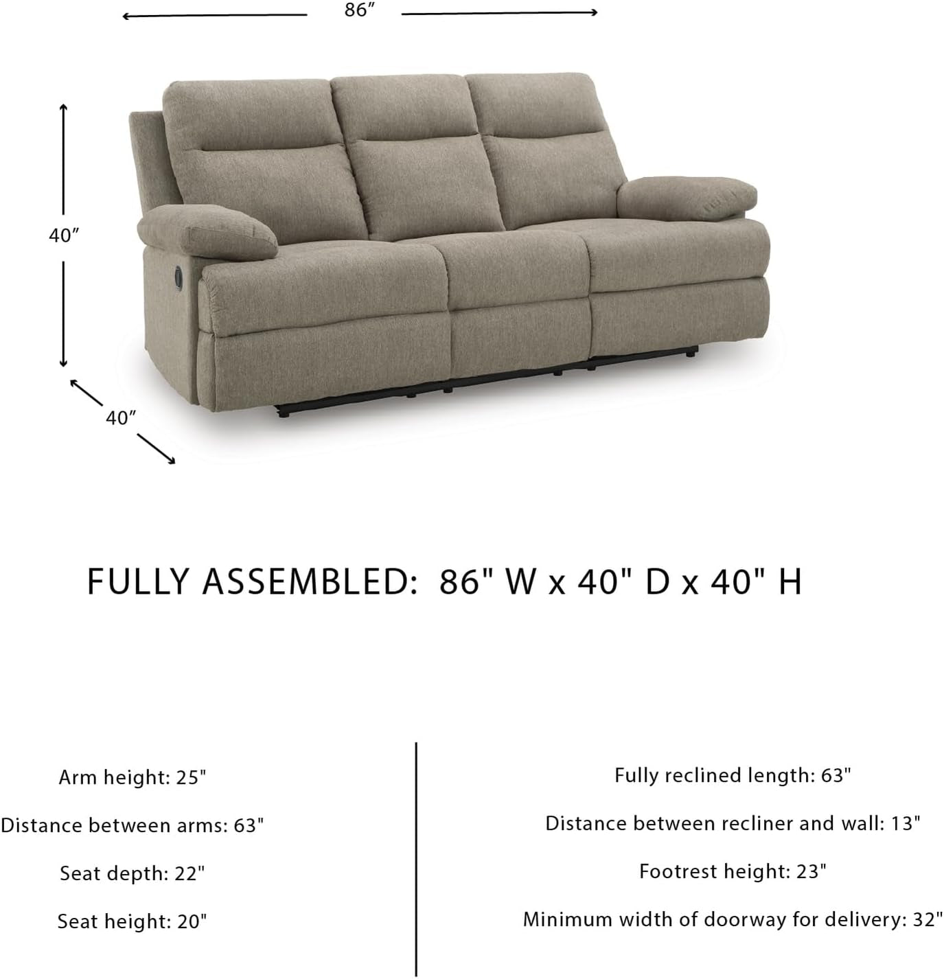 Yarrow Lane Classic Chenille Manual Pull Tab Reclining Sofa with Drop down Table and USB Charging, Light Brown