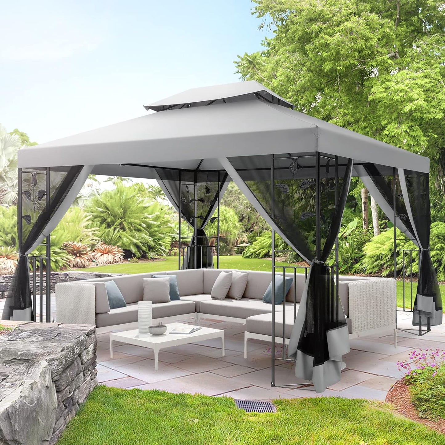Gazebo 10X13 Heavy Duty Gazebos with Improved Nettings Outdoor Gazebo Double Roof Patio Gazebos with Metal Steel Frame Outdoor Canopy for Patio, Deck, Backyard (Gray)