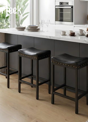 Set of 2 Industrial Vintage Counter Height Bar Stools, 25.5 Inch Faux Leather with Nailhead Trim and Footrest, Perfect for Kitchen Islands and Dining Areas, Easy to Assemble