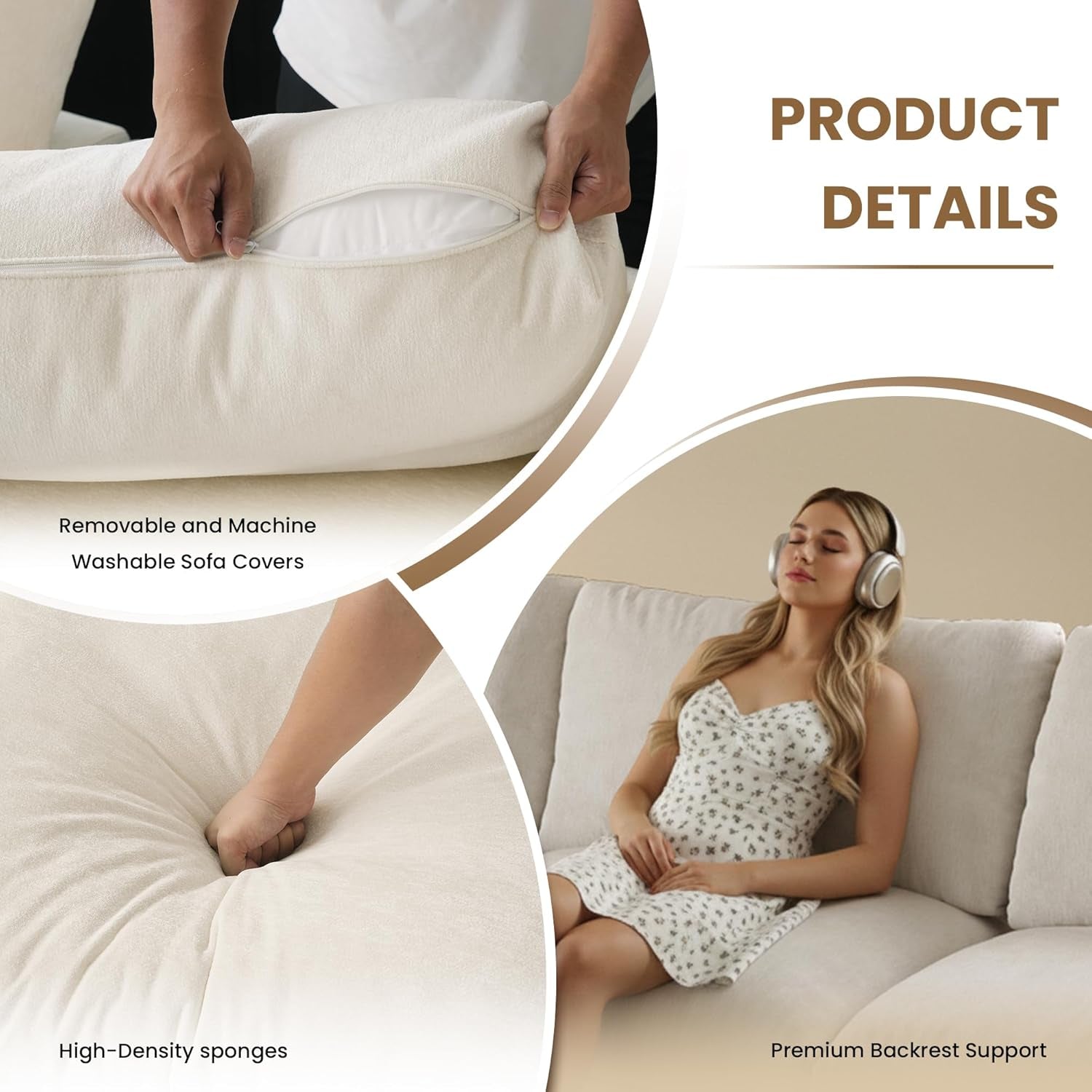 Modular Sectional Cloud Couch Modern L Shaped Sofa with Ottoman, 100 Inch 3-Seat Chenille Deep Seat Couches for Living Room, Bedroom and Apartment，Beige