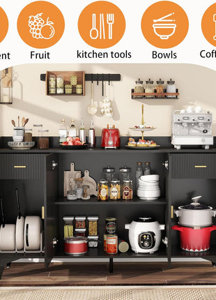 63" Black Fluted Sideboard Buffet Cabinet with Drawers and Storage for Modern Kitchens and Living Rooms
