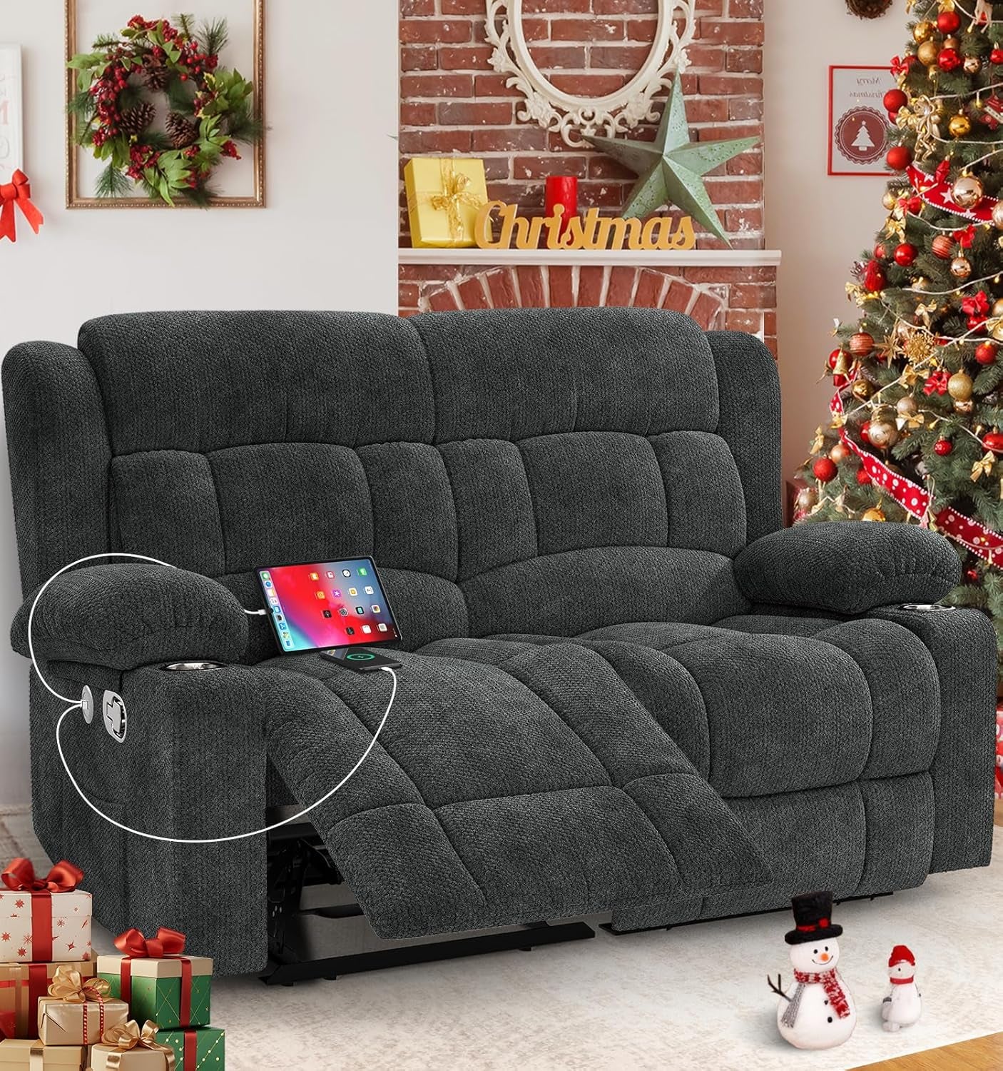 Loveseat Recliner Sofa, 2 Seater Minimalist Style Fabric Manual Pull Tab Reclining Loveseat with USB Charge Ports, Cup Holders, Recliner Love Seat Couches for Living Room, RV, Gray