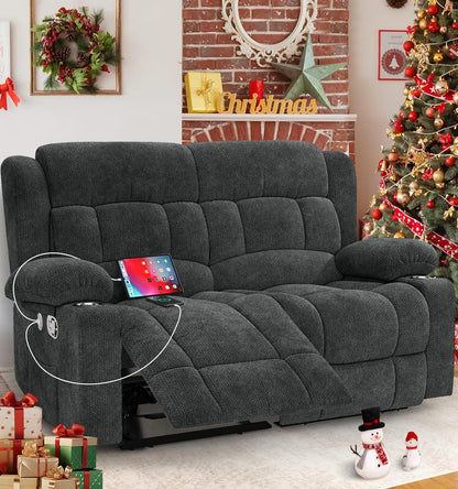 Loveseat Recliner Sofa, 2 Seater Minimalist Style Fabric Manual Pull Tab Reclining Loveseat with USB Charge Ports, Cup Holders, Recliner Love Seat Couches for Living Room, RV, Gray
