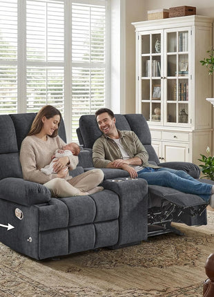 Luxurious Loveseat Recliner Sofa with 30° Rocker Function, Cat-Resistant Fabric, Manual Recline, Ideal for Living Room and Nursery, Featuring Phone Holder, Hidden Socket, and Console (Grey)