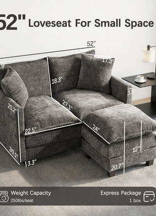 Modern Cloud Loveseat Sofa with Ottoman, 52" Chenille Couch featuring 27" Deep Seat and 2 Pillows, Ideal for Small Spaces in Apartment, Studio, Bedroom, and Living Room (Grey)