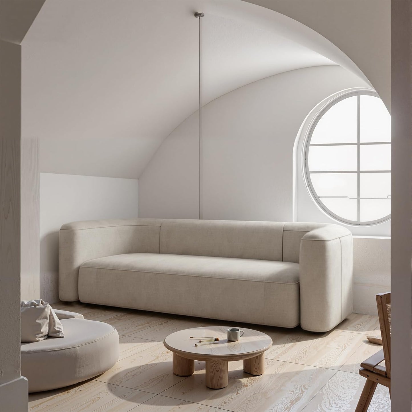 Luxury Modern Tight Curved Back Velvet Sofa, Minimalist Style Comfy Couch for Living Room Apartment, 3 Seater, Cream