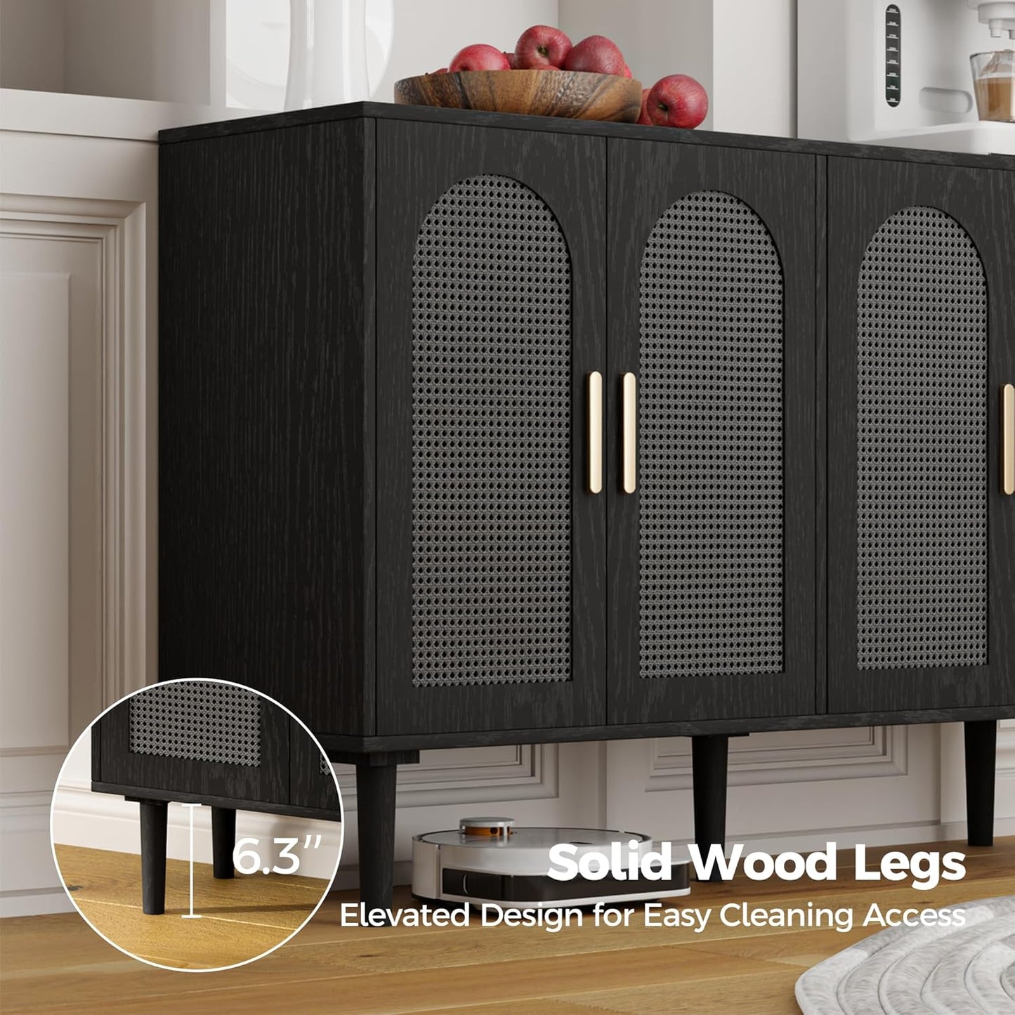 Modern Rattan-Door Sideboard Cabinet – 4-Door Credenza Buffet with Ample Storage, Large Accent Cabinet for Entryway, Living Room, Dining Room & Kitchen, Black & Grey