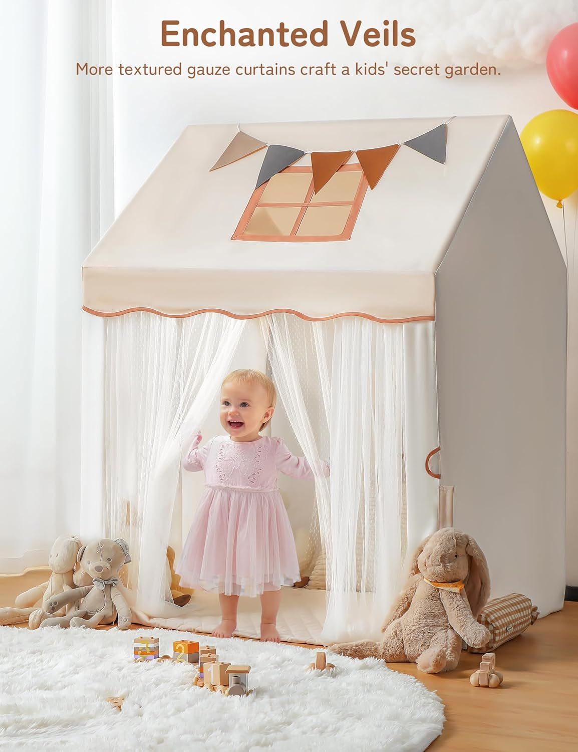 Kids Play Tent with Enclosure, Toddler Tent 2 in 1 with Padded Mat and Lights, Large Playhouse for Kids, Indoor & Outdoor, Christmas Toddler Playhouse, 69" X39" X 53"