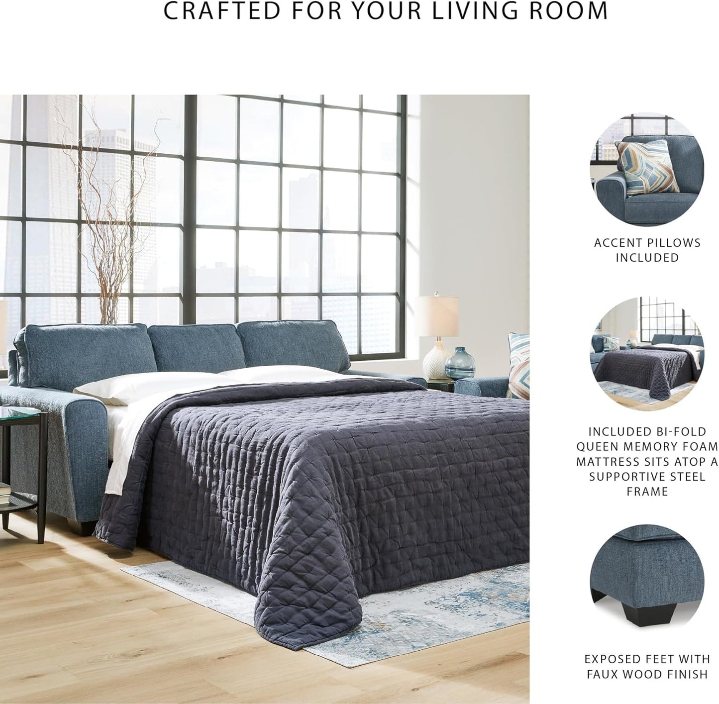 Cashton Casual 2-In-1 Sofa Sleeper with Folding Gel Memory Foam Mattress, Queen, Blue