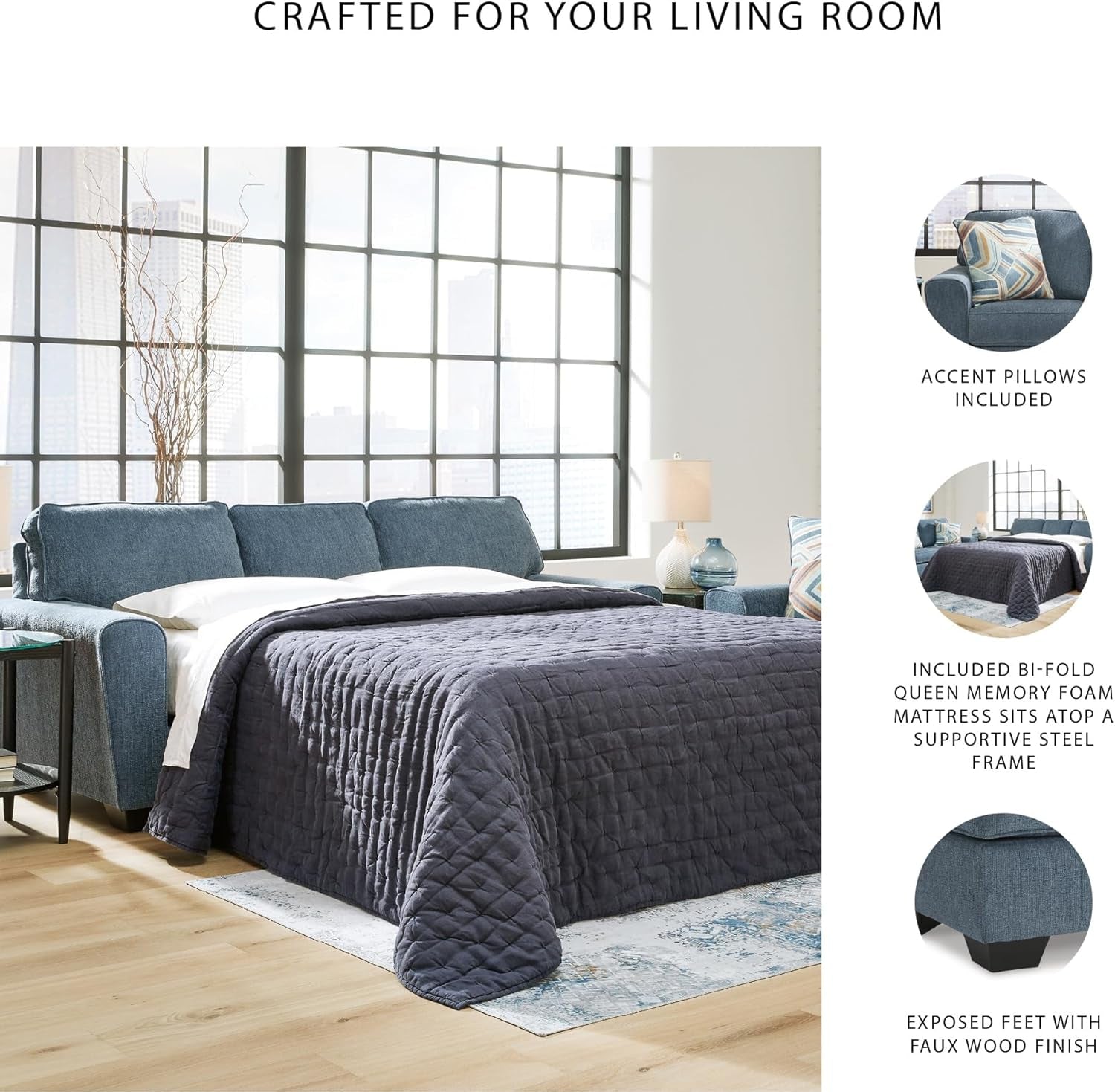 Cashton Casual 2-In-1 Sofa Sleeper with Folding Gel Memory Foam Mattress, Queen, Blue