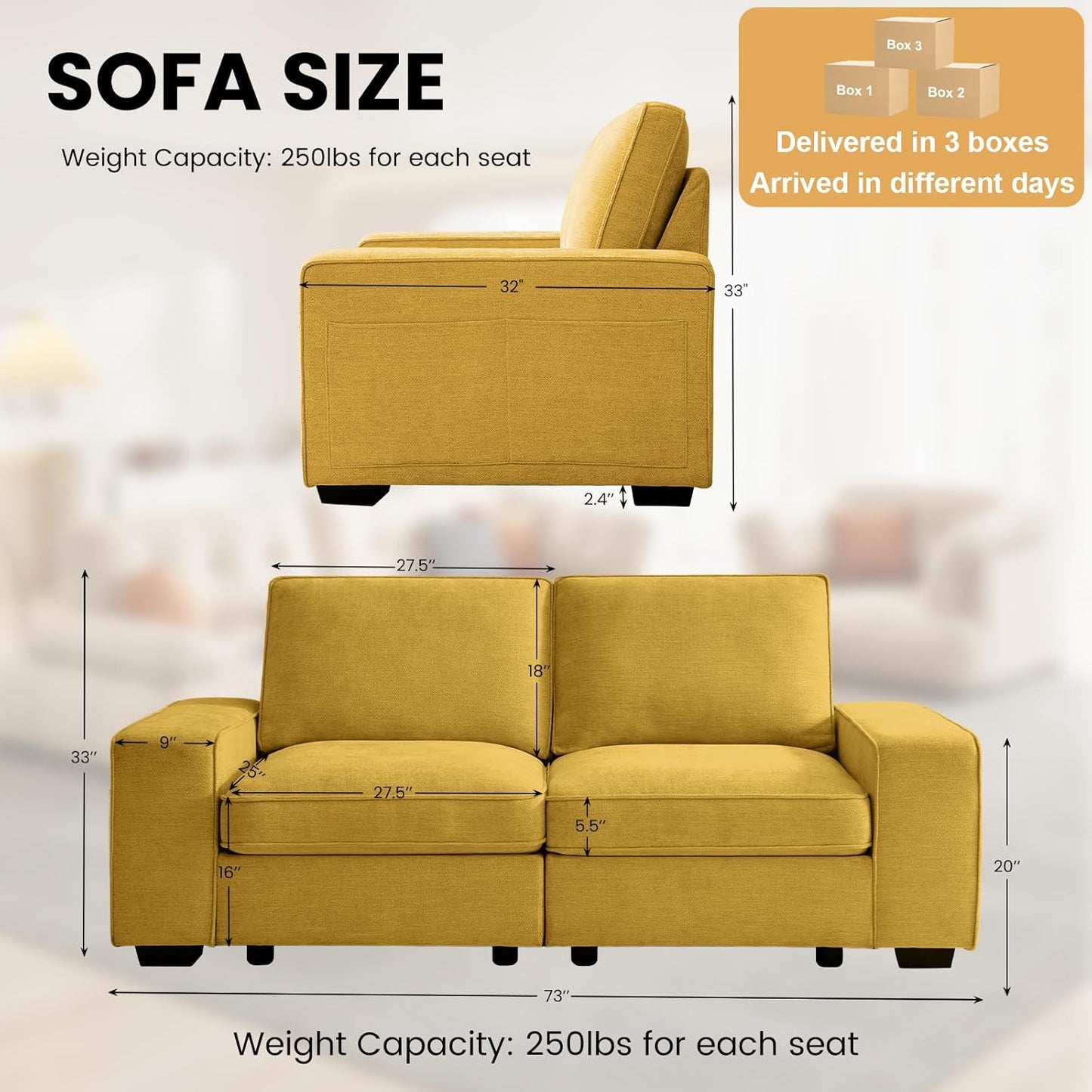 73" Modular Sofa Couch with Seat Storage, Comfy 2-Seater Chenille Fabric Loveseat Sofa for Living Room, Office, Apartment W/Deep Seat, Wide Armrest, USB Charing Removable Cover(Yellow)