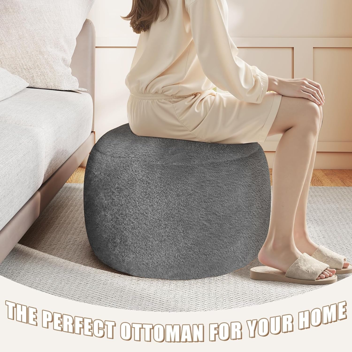 Round Stuffed Pouf Ottoman for Foot Rest, a round Modern Foam Filled Poufs, Floor Chair for Living Room, Nursery, Dorm, a Soft Modern Foot Stool Perfect to Rest Your Feet (Grey, 20Inch)
