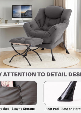 Contemporary Lounge Chair with Ottoman - Spacious Accent Chair for Leisure, Reading, and Relaxation in Dark Grey for Bedroom, Living Room, Dormitory, and Outdoor Spaces