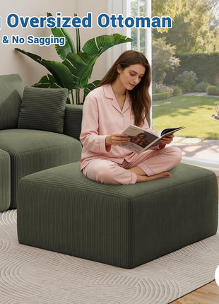 40-Inch Oversized Square Corduroy Ottoman Pouf - Plush Foam-Filled Footrest, Versatile Large Ottoman for Living Room, Sofa, Couch, and Bedroom, Green (Single Unit)