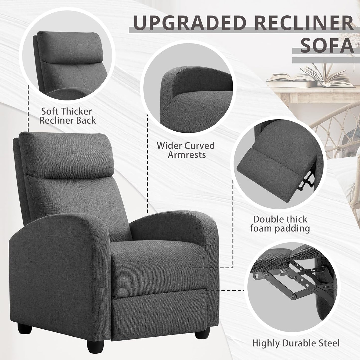 Recliner Chair Adjustable Home Theater Single Recliner Sofa Furniture with Thick Seat Cushion and Backrest Modern Living Room Recliners (Fabric, Aurora Grey)
