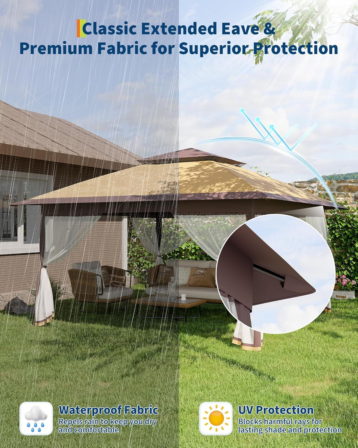 Canopy Tent 13X13 Ft, Pop up Gazebo One-Push Setup with 4 Sandbags for Backyard Parties and Bbqs, Mosquito Netting & Height Adjustable - Khaki & Coffee