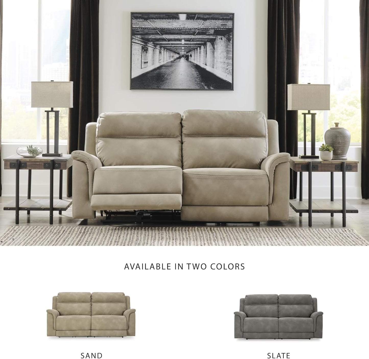 Next-Gen Durapella Power Reclining Sofa with Adjustable Headrest, USB, Extended Ottoman, Faux Leather, 80" W X 42" D X 42" H, Beige Sand