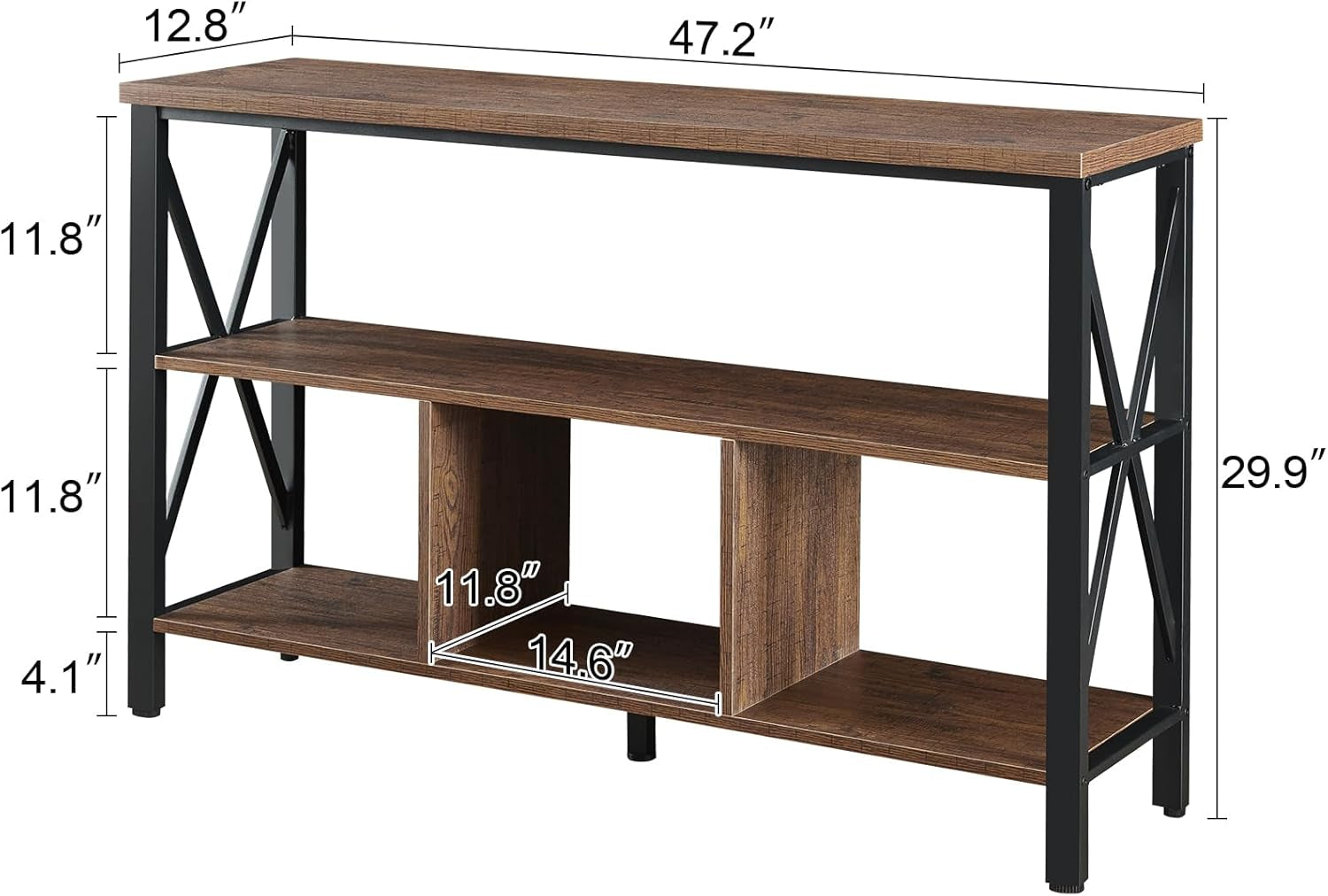 Console Table,Industrial Sofa Table with 3 Cubes,Entryway Table with Engineered Wood and Metal, Rustic 3 Tier Shelf for Hallway,Living Room,Brown,47 Inch
