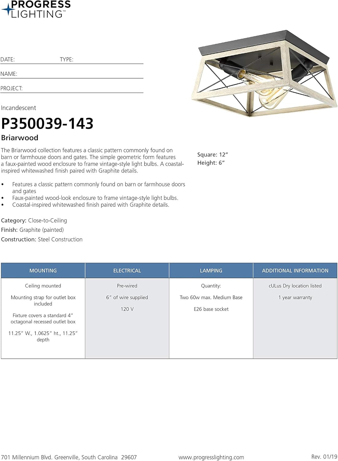 Briarwood Collection 2-Light Ceiling Light, Flush Mount Ceiling Light Fixture for Interior Kitchen Lights, Hallway, Bedroom, Living Room, 12-Inch by 6-Inch, Graphite