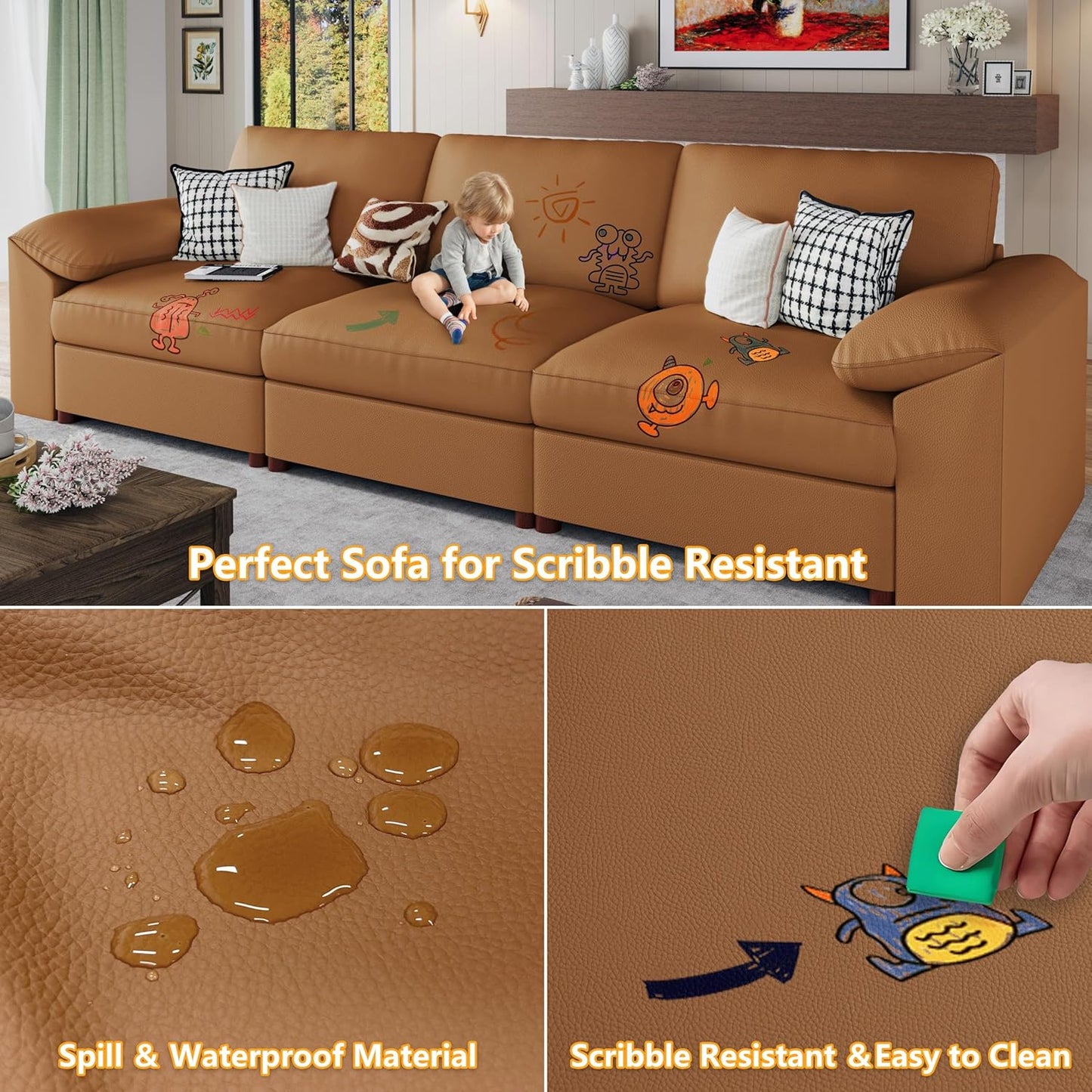 Brown Faux Leather Sectional Sofa,Leather Sectional Couch with Deep Seat,Extra Large U Shaped Couch,Oversized Modular Modern Scratch Resistant Sofas