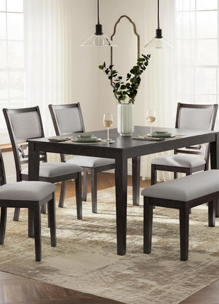 Langwest Dining Room Table Set by Signature Design by Ashley, Featuring 4 Upholstered Chairs and a Bench, Accommodates 6, Cushioned Seating, Cherry Brown Wood Finish